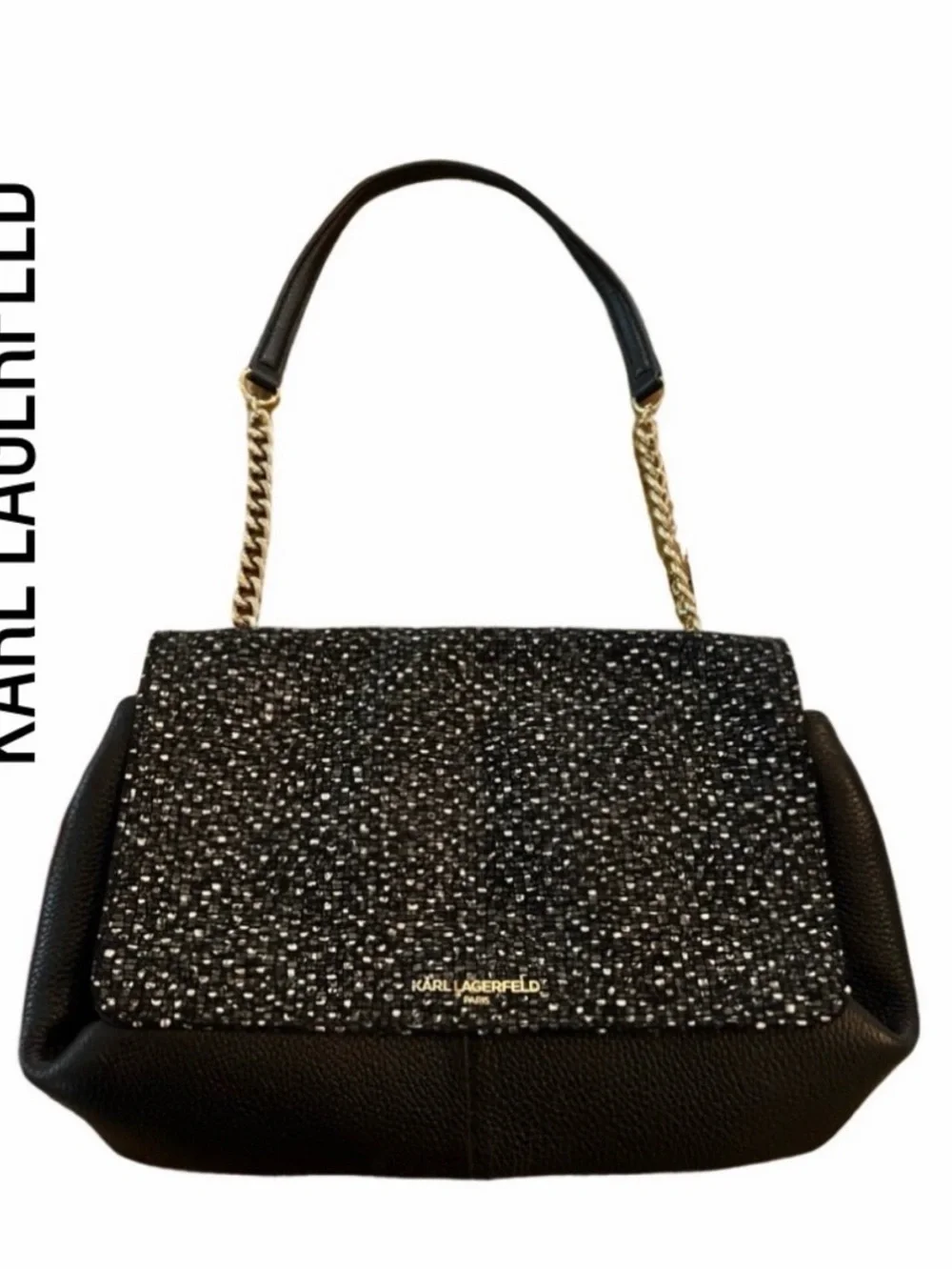 Karl Lagerfeld Black Tweed-Front Shoulder Bag with Gold Chain